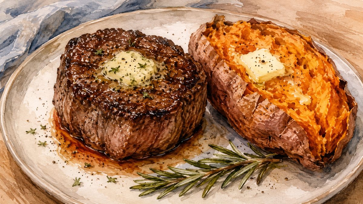 Filet mignon with sweet potato and herb butter on a plate