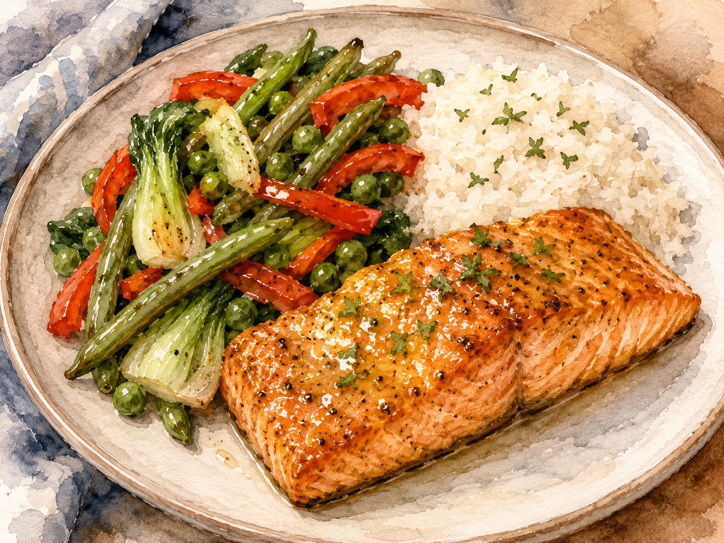 Maple mustard baked salmon with pan-seared vegetables and rice on a plate, watercolor illustration